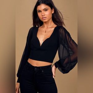 Lulus Black Mesh Balloon Sleeve Backless Crop Top